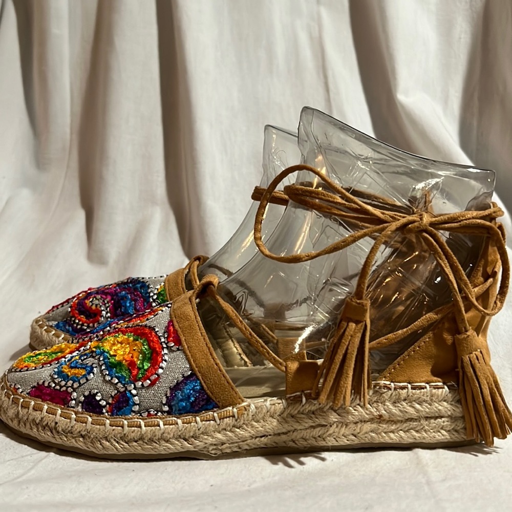 Patrizia by Spring Step paisley embroidered espadrille-rope sole/ankle wrap ties